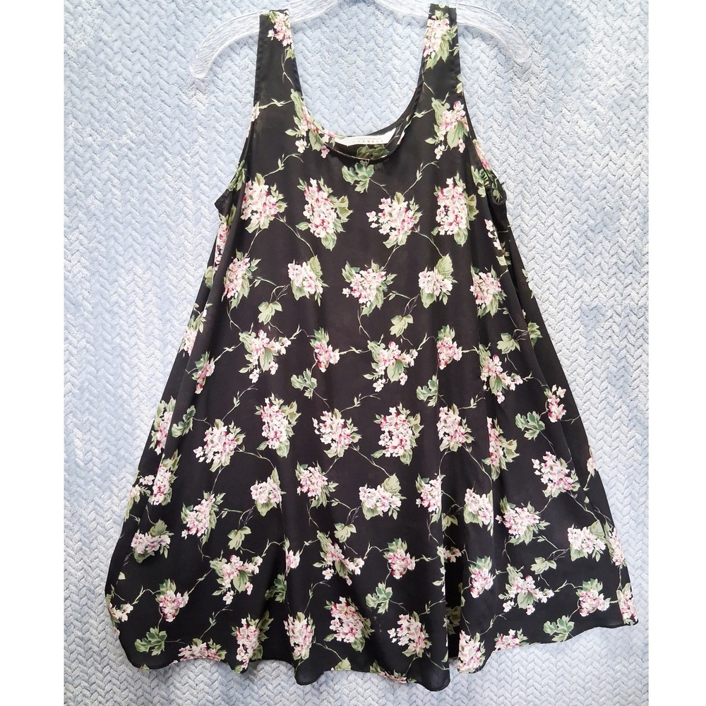 Vintage Express Floral Tank Top Black Pink Sleeveless Scoop Neck Flowy Blouse